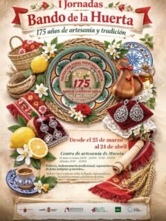🌸 I Jornadas del Bando de la Huerta 🌸

Con motivo del 175º aniversario de nuestra artesanía y tradición, se celebran las I Jornadas del Bando de la Huerta 🌺🌿

Una ocasión única para rendir homenaje a nuestras raíces y preservar el legado cultural que nos define 💐✨

🌿 Miércoles 24 de marzo Inauguración
🌿 Jueves 26 de marzo – 18:00 h Taller de moño de picaporte
🌿 Viernes 27 de marzo – 18:00 h Taller de moño redondo
🌿 Lunes 30 de marzo – 18:00 h Taller de moño de picaporte
🌿 Martes 31 de marzo – 18:00 h Taller de vestuario “Ponte el mantón, ponte la faja”
🌿 Martes 14 de abril – 18:00 h Taller de baile “Jota”
🌿 Miércoles 15 de abril – 18:00 h Taller de baile “Malagueña”
🌿 Jueves 16 de abril – 18:00 h Taller de postizas
🌿 Viernes 17 de abril – 18:00 h Taller de castañetas
🌿 Lunes 20 de abril – 18:00 h Taller de panocho
🌿 Miércoles 22 de abril – 18:00 h Taller de baile “Parrandas”
🌿 Jueves 23 de abril – 18:00 h Taller de bordado de lentejuelas
🌿 Viernes 24 de abril Clausura

📍 Centro de Artesanía de Murcia 🎨 Talleres gratuitos hasta completar aforo máximo 15 personas 
No necesita inscripción previa 

#BandoDeLaHuerta #Tradición #Artesanía #Murcia #Cultura @turismoregiondemurcia