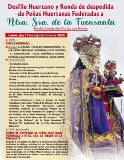 Acompáñanos este lunes 14 de septiembre en la emotiva Ronda de Despedida a Nuestra Señora de la Fuensanta 👑  Será una noche llena de color, tradición y devoción por las calles de Murcia, que culminará con una ofrenda ante la "Morenica" en el Altar Mayor de la Catedral 🌸🎶  🗓️ Lunes, 14 de septiembre de 2026
🕘 Desfile Huertano: 21:00 h. (desde C/ Basabé hasta la Catedral)
🕙 Ronda de Despedida: 22:15 h. (Altar Mayor de la Catedral)  Organizan 🤝 :
Federación de Peñas Huertanas de la Región de Murcia
Ayuntamiento de Murcia (@ayuntamientodemurcia )
Región de Murcia (@regiondemurcia_ )
Catedral de Murcia (@catedralmurciaoficial ) 
Real Hermandad de Caballeros de la Virgen de la Fuensanta
Diócesis de Cartagena 
Estrella de Levante (@estrelladelevanteoficial )  #VirgenDeLaFuensanta #PatronaDeMurcia #Murcia #LaFuensanta #PeñasHuertanas