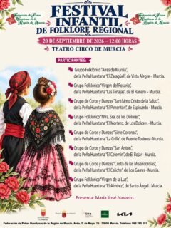 🌸🎶 FESTIVAL INFANTIL DE FOLKLORE 🎶🌸  El próximo domingo, 20 de septiembre, el Teatro Circo de Murcia se llenará de música, tradición, color y alegría con nuestro Festival Infantil de Folklore. 💃🕺🌿  Una cita muy especial para disfrutar del talento de nuestros pequeños y seguir transmitiendo de generación en generación nuestras raíces y tradiciones. ❤️💚  📍 Teatro Circo de Murcia
📅 Domingo, 20 de septiembre
🕛 12:00 horas  ¡Os esperamos para vivir juntos una jornada llena de folklore y tradición murciana! 💐🎶✨  #FederaciónDePeñasHuertanas #Folklore #FestivalInfantilDeFolklore #Murcia #RegiónDeMurcia
