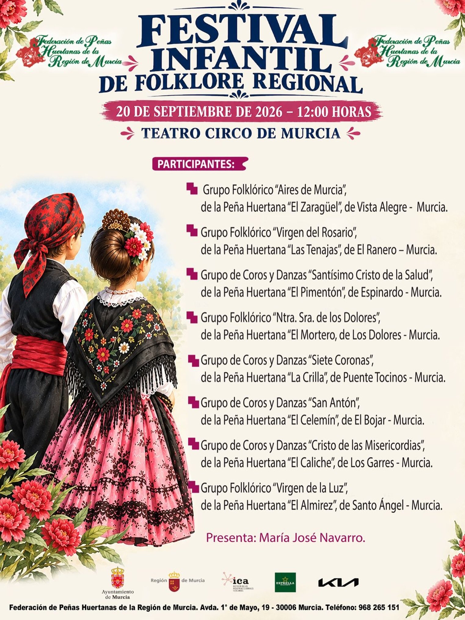 🌸🎶 FESTIVAL INFANTIL DE FOLKLORE 🎶🌸  El próximo domingo, 20 de septiembre, el Teatro Circo de Murcia se llenará de música, tradición, color y alegría con nuestro Festival Infantil de Folklore. 💃🕺🌿  Una cita muy especial para disfrutar del talento de nuestros pequeños y seguir transmitiendo de generación en generación nuestras raíces y tradiciones. ❤️💚  📍 Teatro Circo de Murcia
📅 Domingo, 20 de septiembre
🕛 12:00 horas  ¡Os esperamos para vivir juntos una jornada llena de folklore y tradición murciana! 💐🎶✨  #FederaciónDePeñasHuertanas #Folklore #FestivalInfantilDeFolklore #Murcia #RegiónDeMurcia