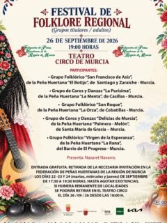 🌸🎶 FESTIVAL DE FOLKLORE REGIONAL 🎶🌸  El próximo sábado, 26 de septiembre, disfrutaremos de una jornada llena de música, tradición, color y alegría con nuestro Festival de Folklore Regional de la Federación de Peñas Huertanas de la Región de Murcia. 💃🕺🌿  Una cita para disfrutar de nuestras tradiciones y del talento de nuestros grupos de folclore, manteniendo vivas nuestras raíces de generación en generación. ❤️💚  📍 Teatro Circo de Murcia
📅 Sábado, 26 de septiembre
🕖 19:00 horas  ¡Os esperamos para disfrutar juntos del folclore y la tradición murciana! 💐🎶✨  #FederaciónDePeñasHuertanas #FolcloreRegional #Folclore #Murcia #RegiónDeMurcia