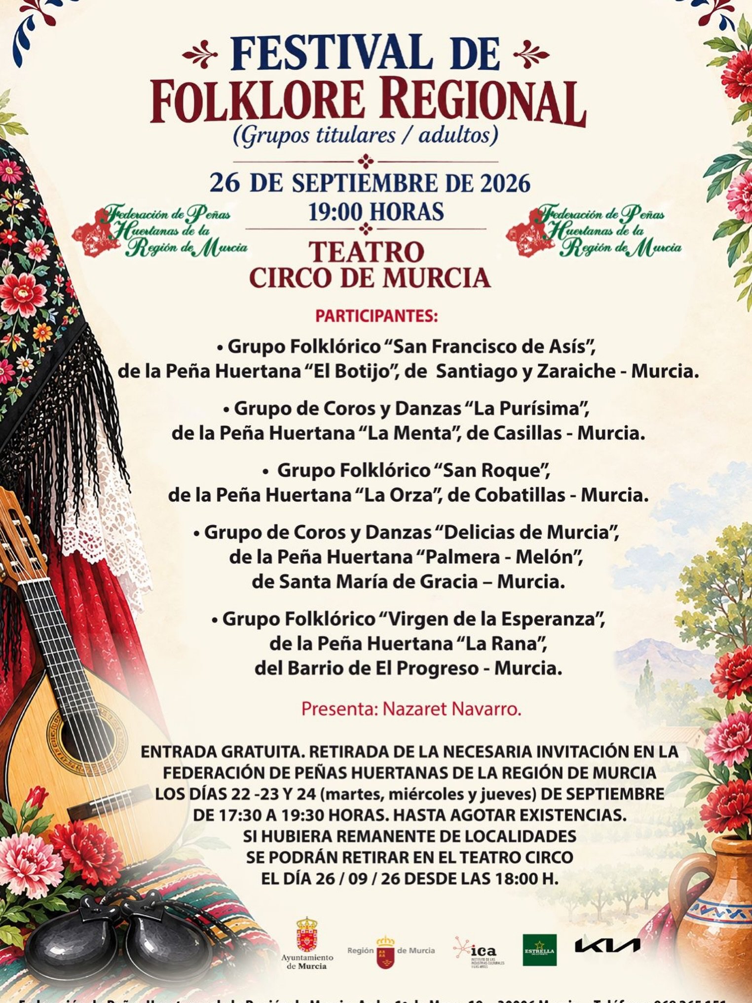 🌸🎶 FESTIVAL DE FOLKLORE REGIONAL 🎶🌸  El próximo sábado, 26 de septiembre, disfrutaremos de una jornada llena de música, tradición, color y alegría con nuestro Festival de Folklore Regional de la Federación de Peñas Huertanas de la Región de Murcia. 💃🕺🌿  Una cita para disfrutar de nuestras tradiciones y del talento de nuestros grupos de folclore, manteniendo vivas nuestras raíces de generación en generación. ❤️💚  📍 Teatro Circo de Murcia
📅 Sábado, 26 de septiembre
🕖 19:00 horas  ¡Os esperamos para disfrutar juntos del folclore y la tradición murciana! 💐🎶✨  #FederaciónDePeñasHuertanas #FolcloreRegional #Folclore #Murcia #RegiónDeMurcia